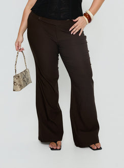 front view of model wearing Princess Polly Kinkirk Flared Pants Chocolate Curve Mid Rise Pants 