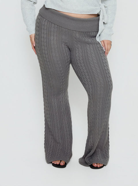 back view of model wearing Princess Polly Baleigh Cable Knit Foldover Pants Grey Curve High Rise Pants 