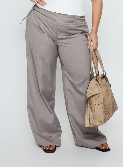 back view of model wearing Princess Polly Just Have Fun Wide Leg Pant Grey Curve Mid Rise Pants 