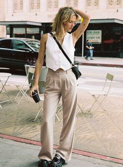 Front view of model wearing  front Princess Polly High Waisted Pants  Archer Pants Taupe