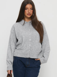 front view of model wearing Princess Polly Nadyna Collared Cardigan Grey Marle 