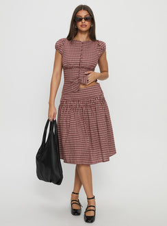   side view of model wearing Princess Polly Alixandra Ruched Midi Skirt Red Check Midi Skirts Skirts 