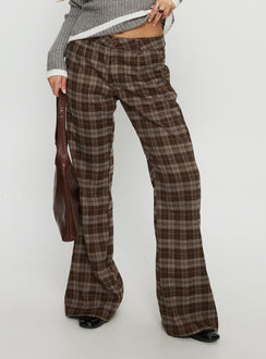 back view of model wearing Princess Polly Emiroki Straight Leg Pants Brown Check Mid Rise Pants 