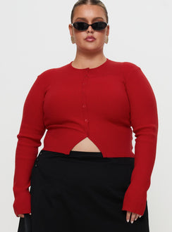 front view of model wearing Princess Polly Suzu Long Sleeve Top Red Curve Full Sleeves Crew Neck 