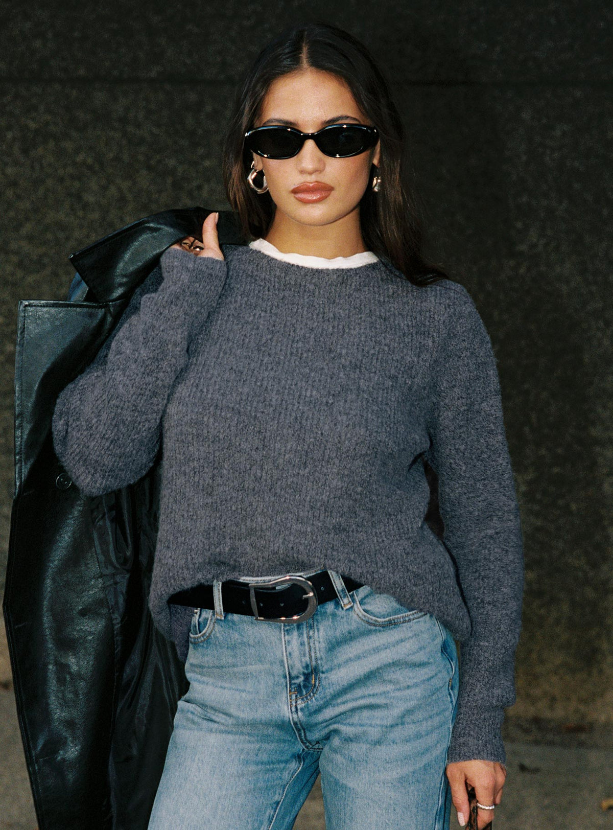 front view of model wearing Princess Polly Abrams Rib Knit Crew Sweater Charcoal Marle regular 