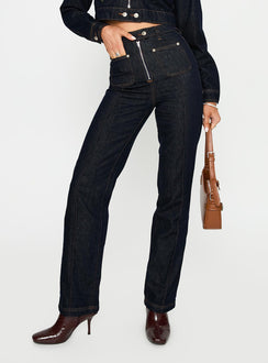 front view of model wearing Princess Polly Stallion Straight Leg Jeans Indigo High Waisted 