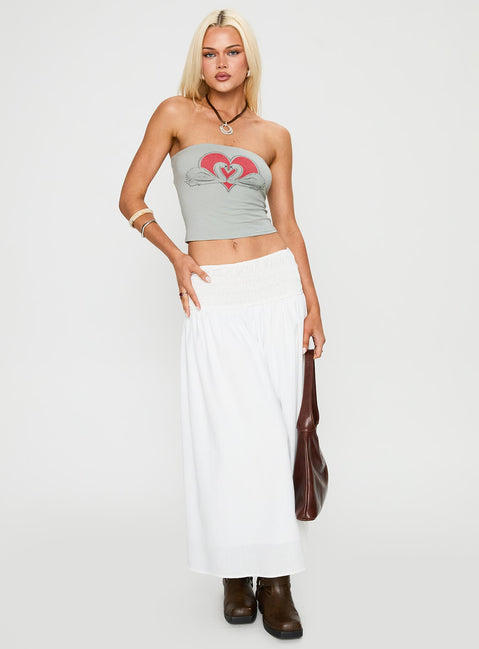   front view of model wearing Princess Polly Small Towns Shirred Midi Skirt White Midi Skirts Skirts 