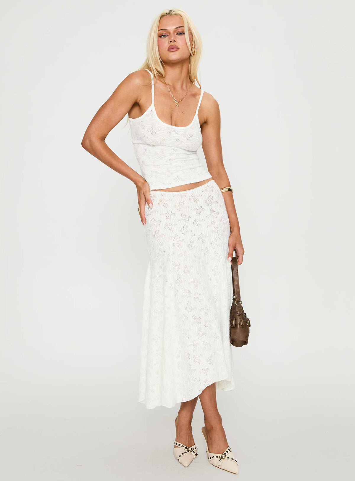   front view of model wearing Princess Polly Tidal Midi Skirt Foam Midi Skirts 