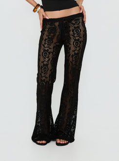 back view of model wearing Princess Polly Rosadonna Lace Flare Pants Black Low Rise Pants 