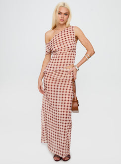   front view of model wearing Princess Polly Surina Skirt Peach Check Maxi 