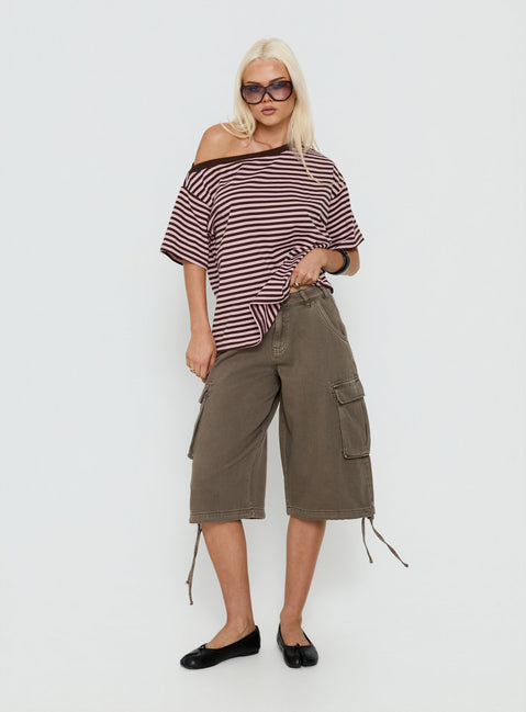 Settle Down One Shoulder Top Pink / Chocolate Stripe
