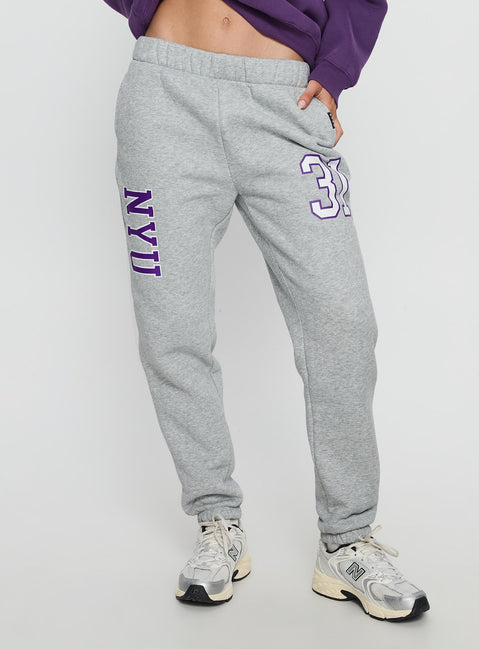 front view of model wearing Princess Polly NYU Basic Sweatpants Heather Grey Mid Rise Pants 