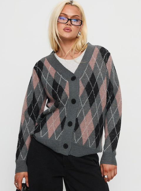 front view of model wearing Princess Polly Zeeva Button Through Knit Cardigan Grey Argyle Long 