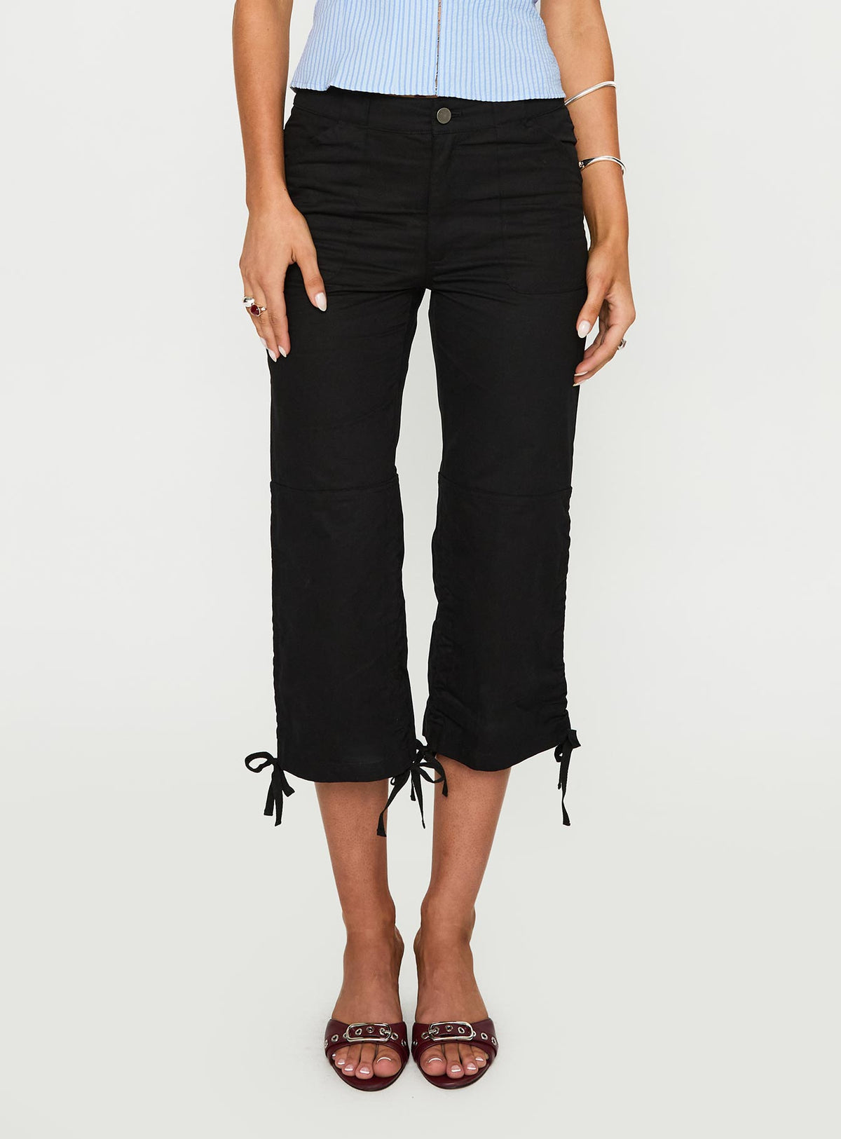 front view of model wearing Princess Polly Hot Rod Capri Pant Black 