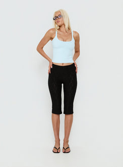 side view of model wearing Princess Polly Samaira Capri Pant Black Anglaise Mid Rise Pants 
