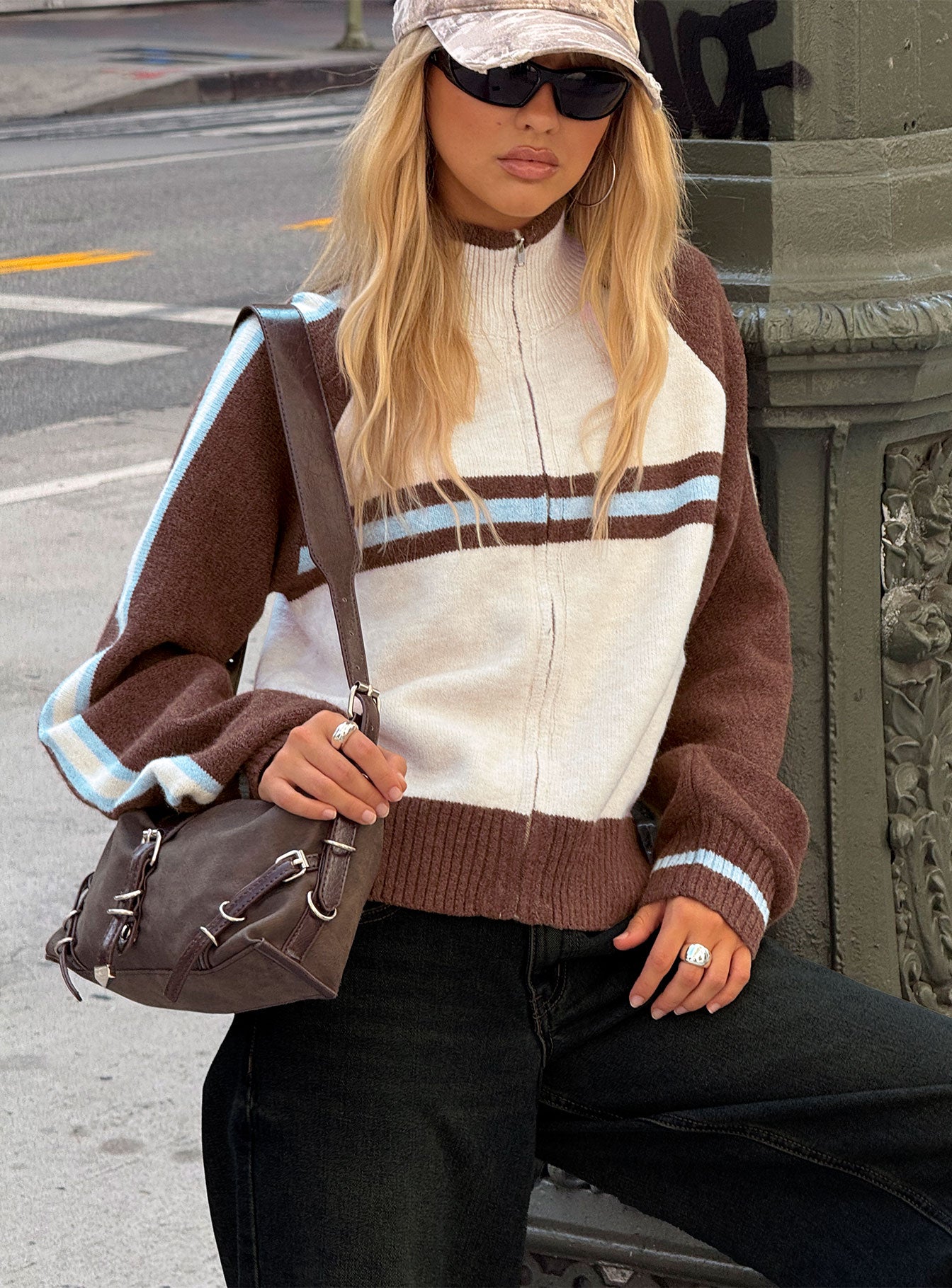 Explore the Lexanne Zip Through Knit Jumper Cream Multi womens-jumpers featuring short length front view of model wearing Princess Polly