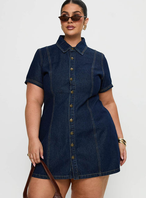 front view of model wearing Princess Polly Perception Denim Mini Dress Mid Wash Curve V-Neck 