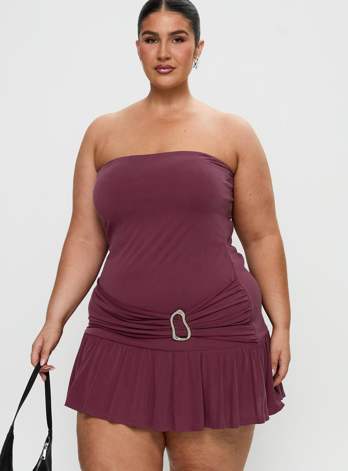 front view of model wearing Princess Polly Love Lingers Strapless Mini Dress Burgundy Curve Straight Neck 