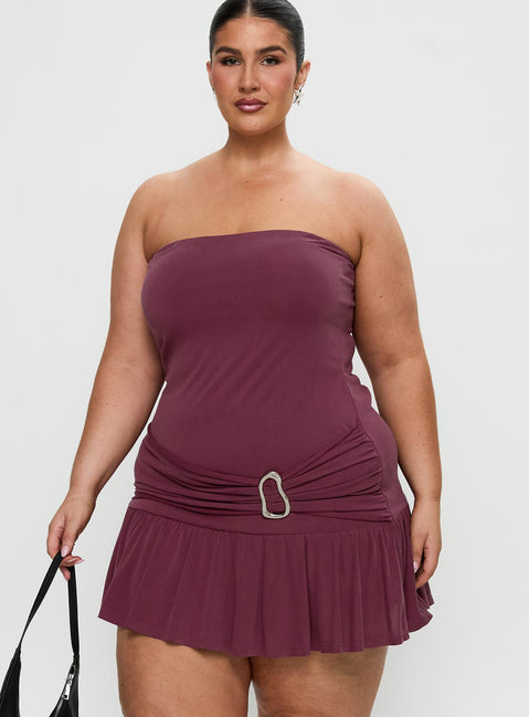 front view of model wearing Princess Polly Love Lingers Strapless Mini Dress Burgundy Curve Straight Neck 