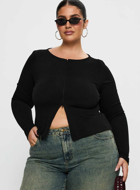 front view of model wearing Princess Polly Kortez Long Sleeve Zip Through Top Black Curve Full Sleeves Crew Neck 