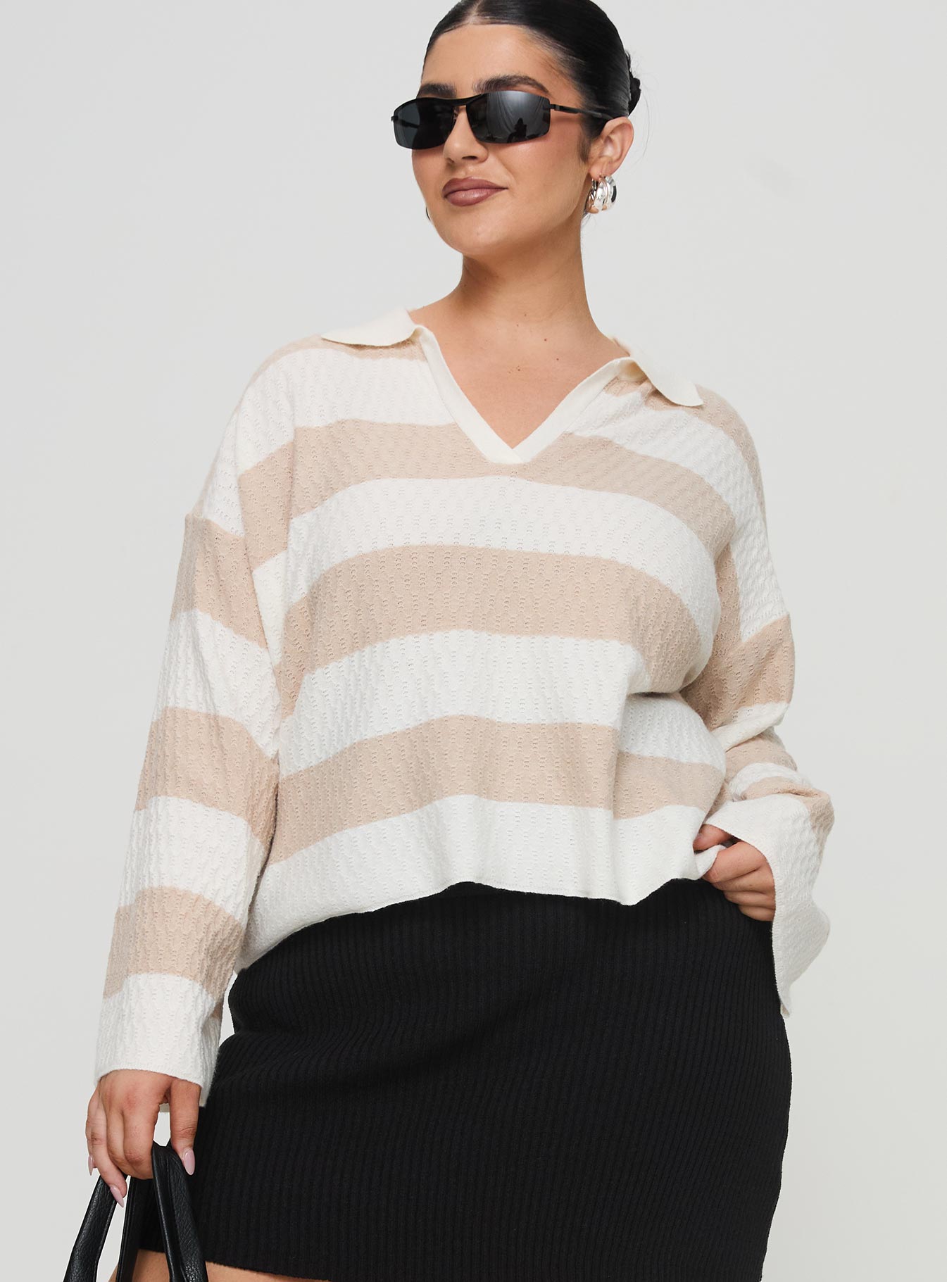 front view of model wearing Princess Polly Rick Sweater White / Beige Curve regular 