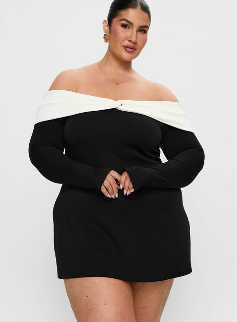 front view of model wearing Princess Polly Distractions Off The Shoulder Mini Dress Multi Curve High Neck 