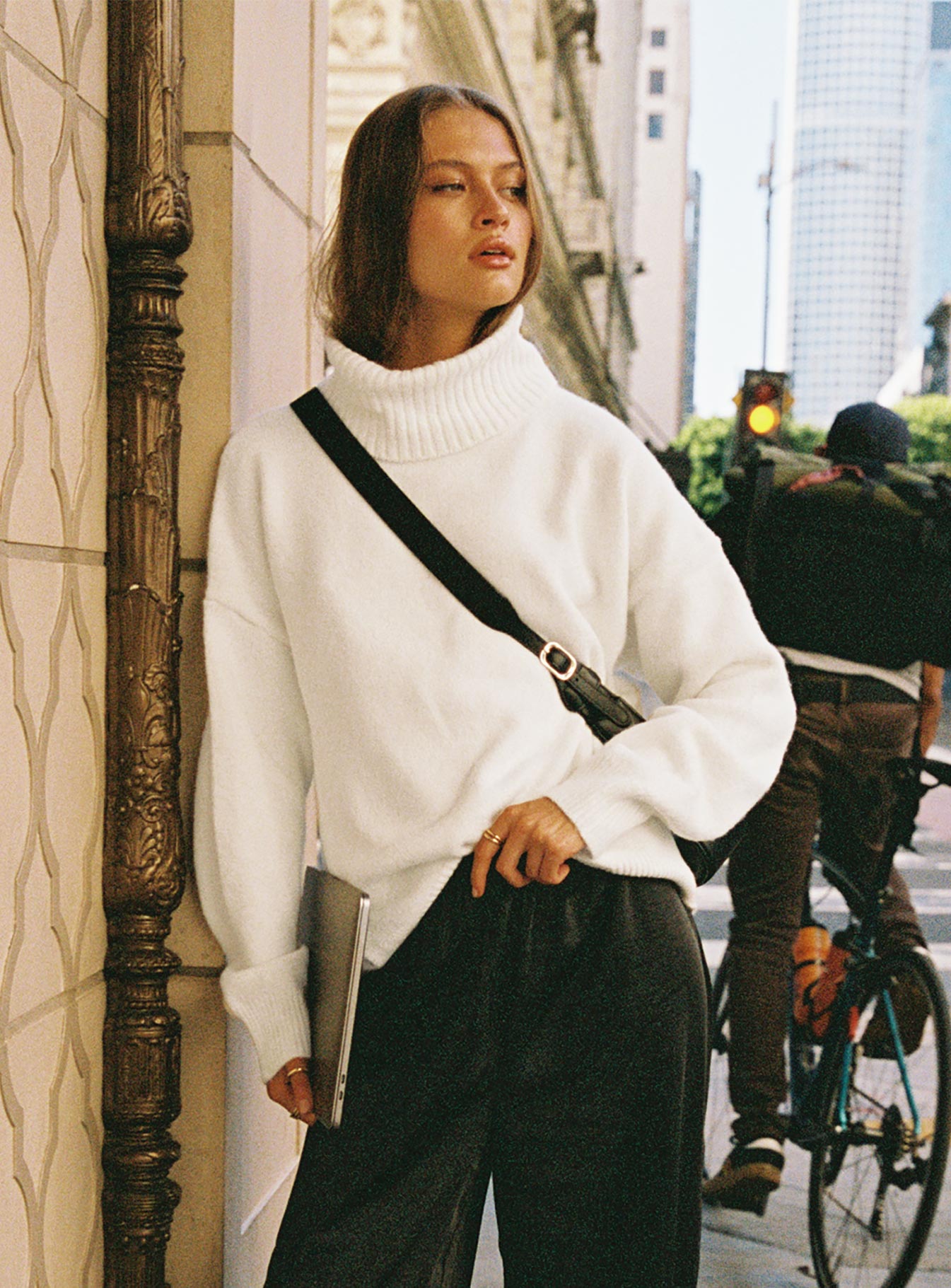 front view of model wearing Princess Polly Oswin Turtleneck Sweater White Long 