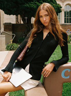side view of model wearing Princess Polly Anneke Collared Cardigan Black Longline Jumpers Jumpers 