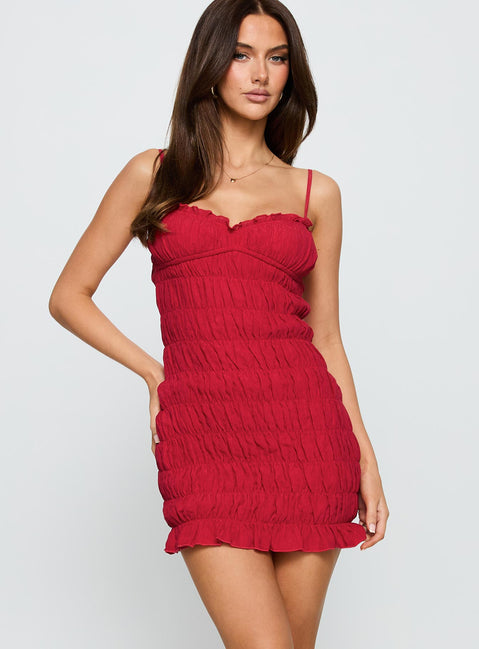 front view of model wearing Princess Polly Agent Of Love Shirred Mini Dress Red Sweetheart Neckline 
