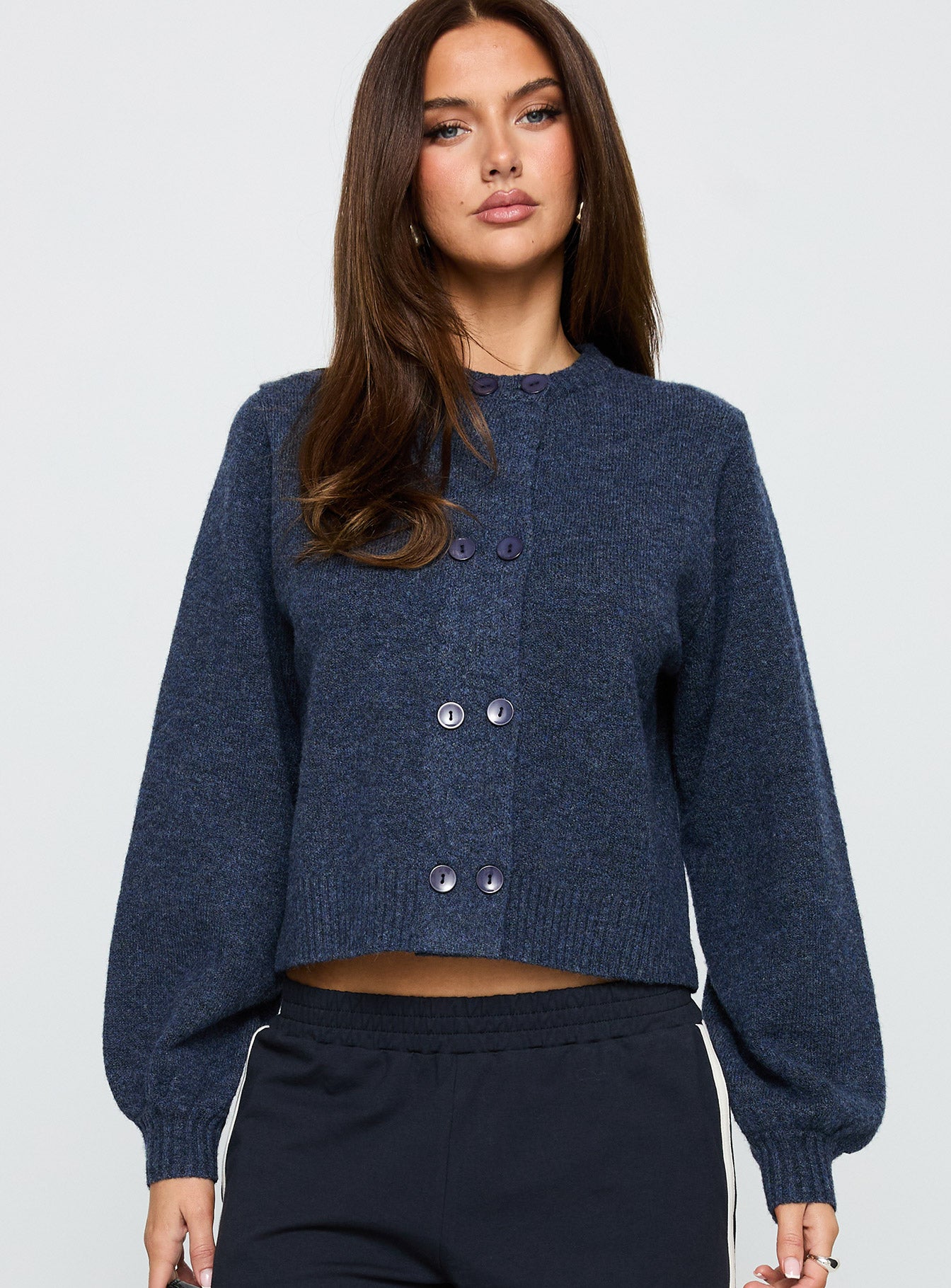 Showcasing the Kammi Button Up Cardigan Navy in womens jumpers with short length front view of model wearing Princess Polly