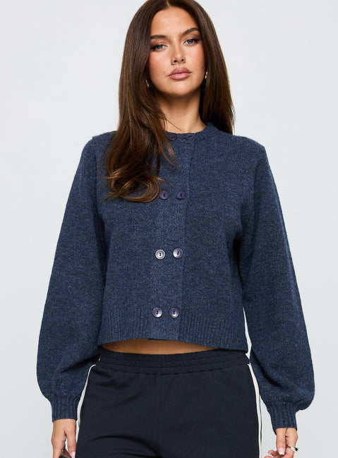 Showcasing the Kammi Button Up Cardigan Navy in womens jumpers with short length front view of model wearing Princess Polly