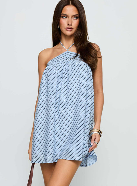 back view of model wearing Princess Polly Moonlit Mini Dress Blue Stripe Asymmetric Neckline 