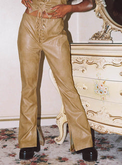 front view of model wearing Princess Polly Roddie Lace Up Pants Brown Low Rise Pants 
