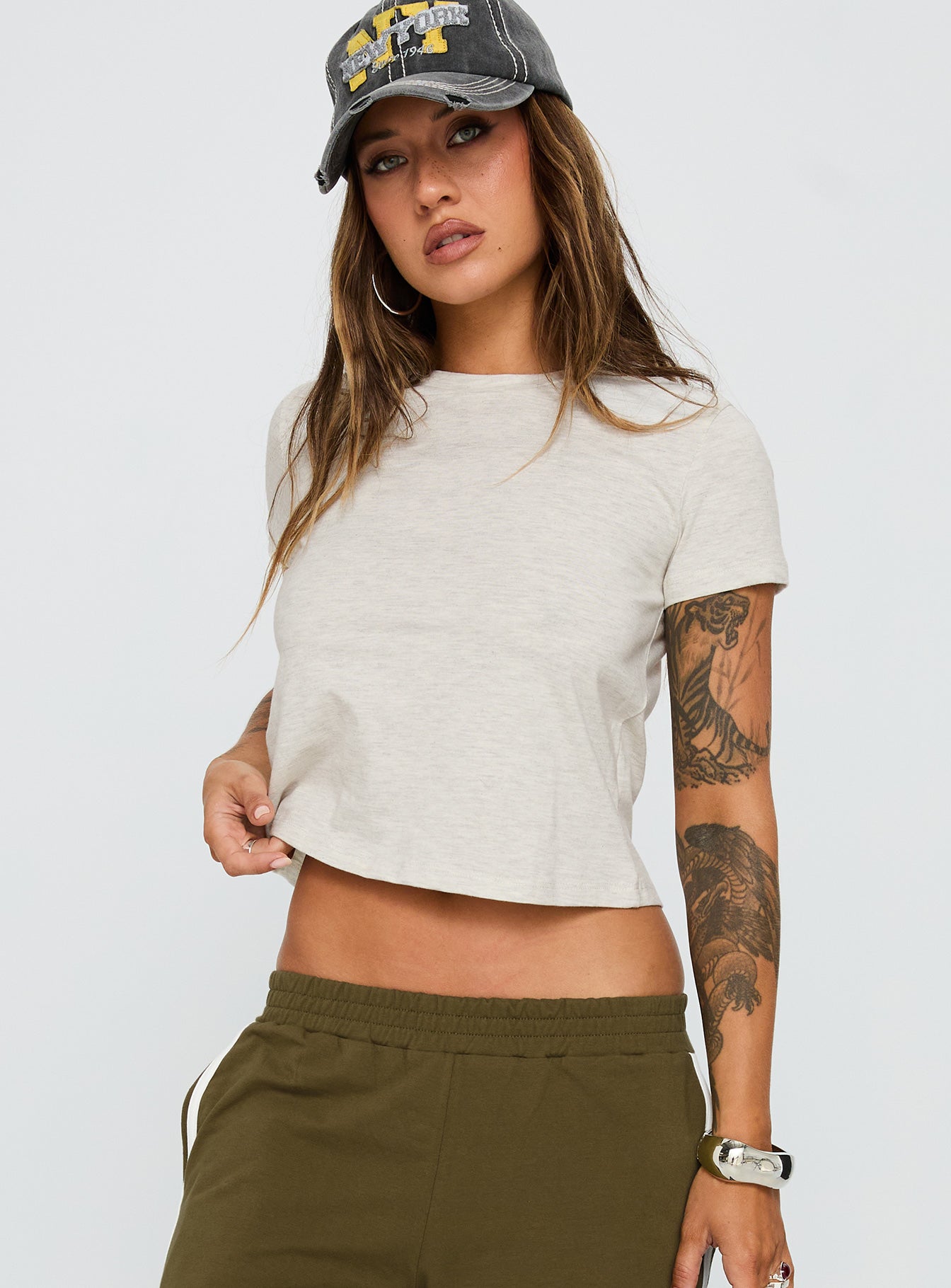 side view of model wearing Princess Polly Micah Tee Grey Marle Short Sleeves Crew Neck 