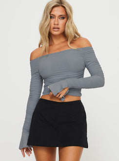front view of model wearing Princess Polly Moreno Off The Shoulder Top Blue Full Sleeves straight 