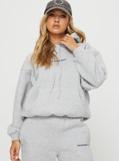 front view of model wearing Princess Polly Princess Polly Hooded Sweatshirt Bubble Text Grey Marle / Slate Jumpers 