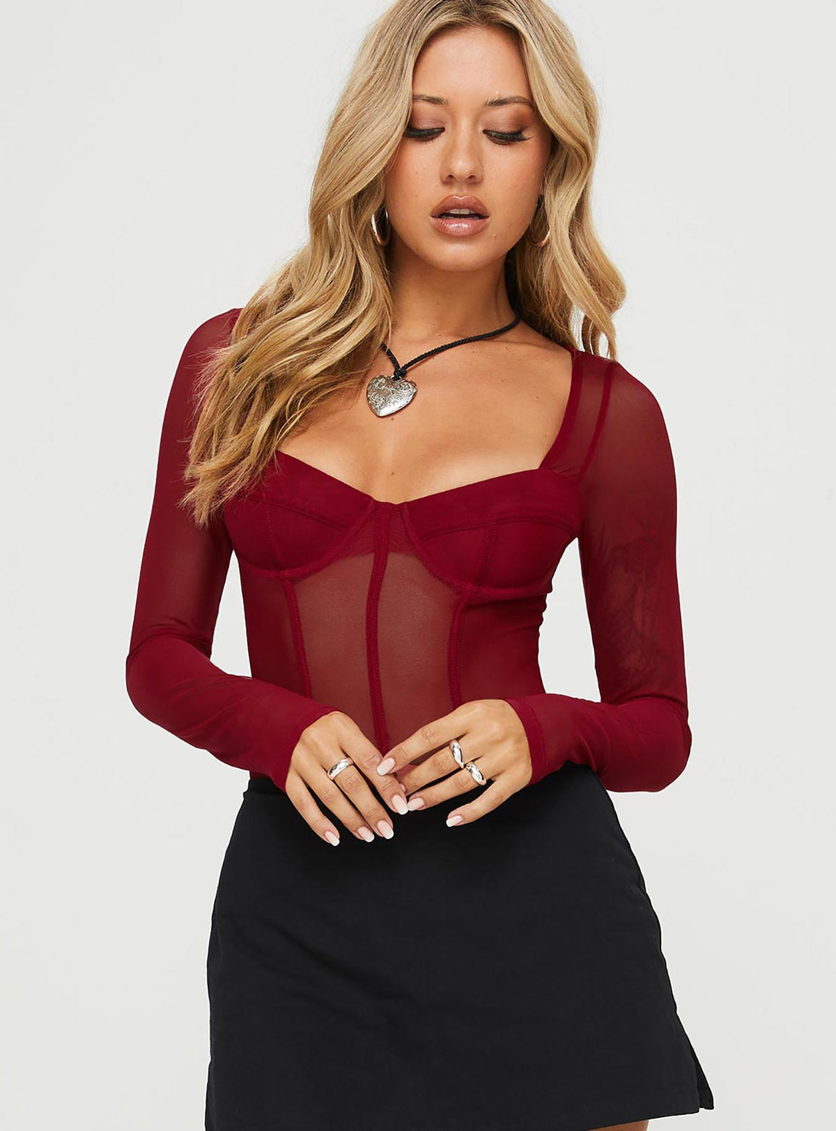 front view of model wearing Princess Polly Leonie Bodysuit Burgundy Long Sleeve Tops 