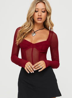 front view of model wearing Princess Polly Leonie Bodysuit Burgundy Long Sleeve Tops 