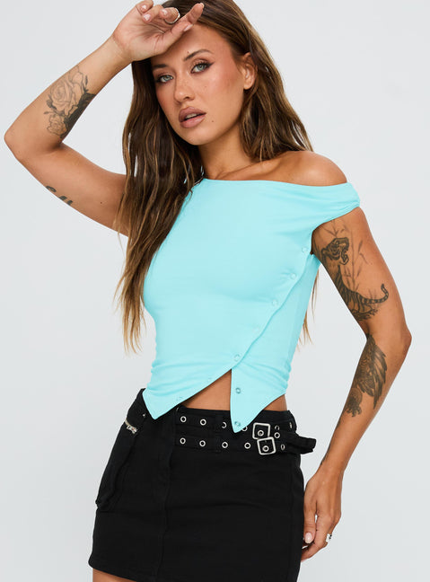 back view of model wearing Princess Polly Karre Off The Shoulder Top Aqua Short Sleeves Asymmetric Neckline 