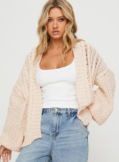 front view of model wearing Princess Polly Abner Cable Cardigan Beige Long 