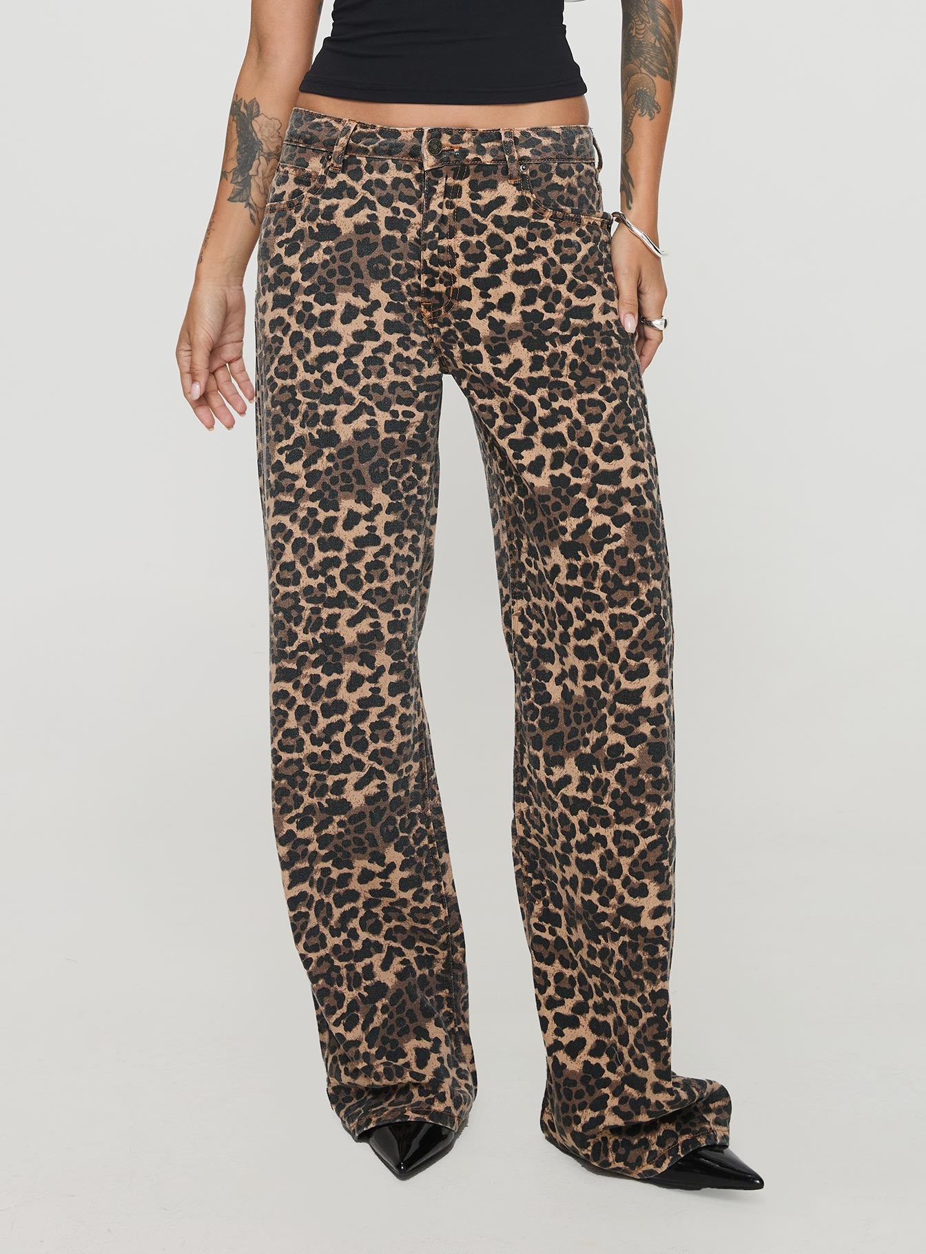 back view of model wearing Princess Polly Top Model Jeans Leopard High Waisted 