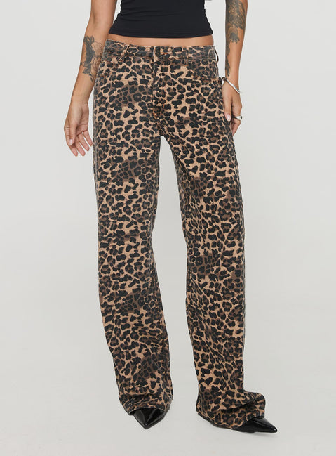 back view of model wearing Princess Polly Top Model Jeans Leopard High Waisted 