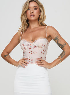 front view of model wearing Princess Polly Eowyn Top Multi Sleeveless Sweetheart 