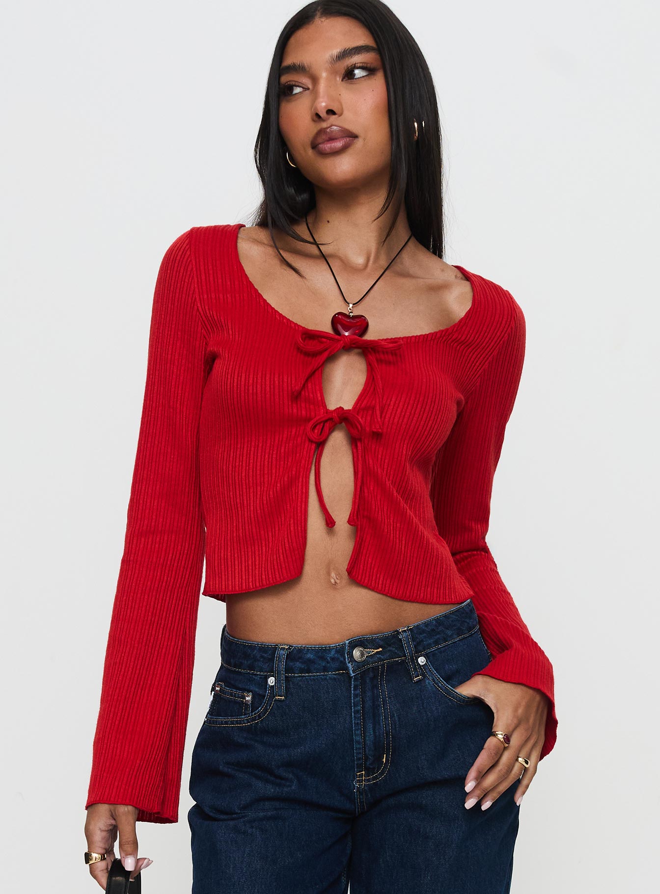 front view of model wearing Princess Polly Rowynne Long Sleeve Tie Up Top Red Full Sleeves Scoop Neck 