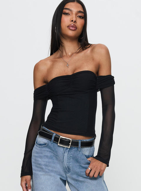front view of model wearing Princess Polly Saelan Off Shoulder Long Sleeve Top Black Full Sleeves Sweetheart 