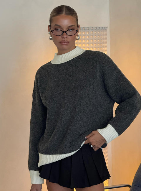 front view of model wearing Princess Polly Broken Hearts Club Knit Sweater Grey regular 