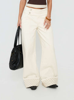 front view of model wearing Princess Polly Nikoletta Foldover Jeans Cream / Polka Mid Rise Jeans 