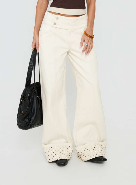 front view of model wearing Princess Polly Nikoletta Foldover Jeans Cream / Polka Mid Rise Jeans 