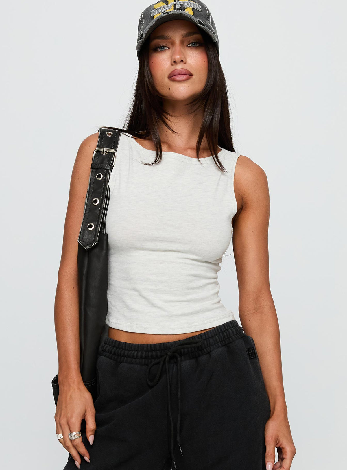 front view of model wearing Princess Polly Bleeker High Neck Top Grey Marle Sleeveless Crew Neck 
