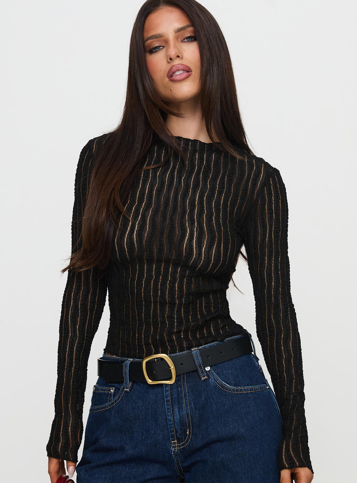 front view of model wearing Princess Polly Padra Long Sleeve Top Black Full Sleeves High Neck 